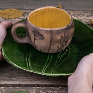 Ceramic mug and plate set Handmade pottery dishes, green plate, mugs handmade, Nature pottery, Leaf pottery, Botanical mug, Floral plate image 8