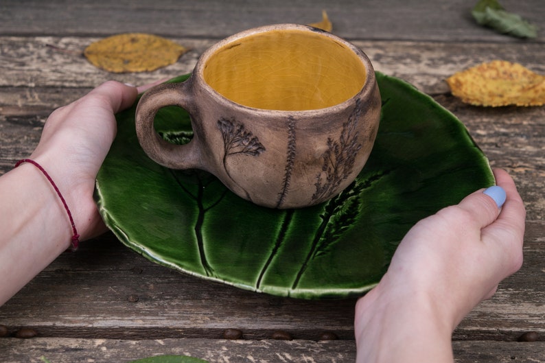 Ceramic mug and plate set Handmade pottery dishes, green plate, mugs handmade, Nature pottery, Leaf pottery, Botanical mug, Floral plate image 8