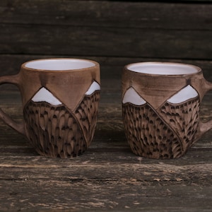 Set of two handmade ceramic mugs with mountains ||pottery mug; mountain mug; Nature ceramic mug; handmade mug; Winter snow mug