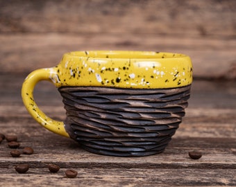 Yellow ceramic mug | handmade bright mug, coffee dotted mug, yellow pottery cup, unique rustic mug, clay cappuccino mug, stoneware ribby mug