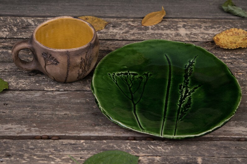Ceramic mug and plate set Handmade pottery dishes, green plate, mugs handmade, Nature pottery, Leaf pottery, Botanical mug, Floral plate image 5