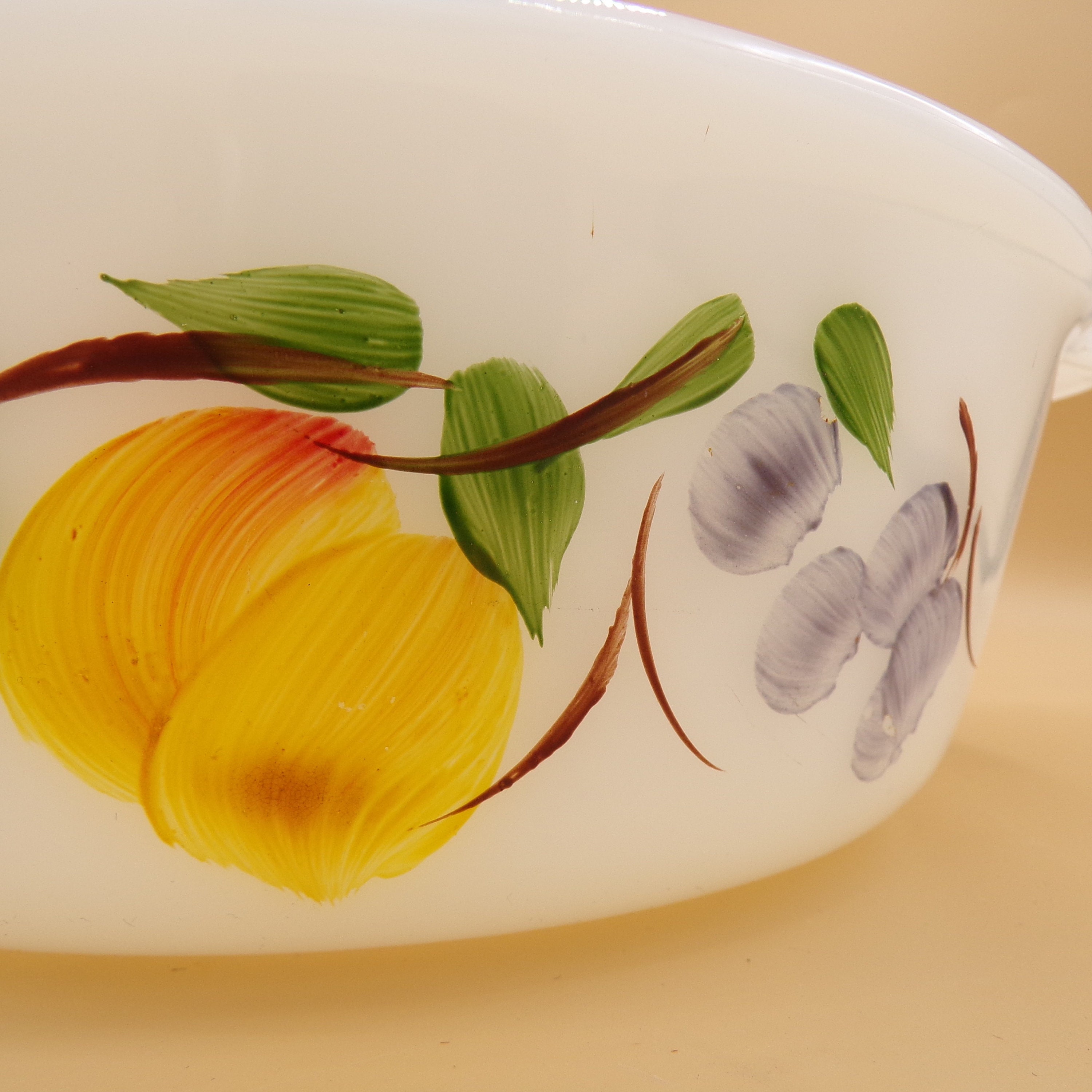Vintage 1960s Anchor Hocking Fireking Handpainted Fruit/vintage Pattern 1.5 Qt. Casserole Dish
