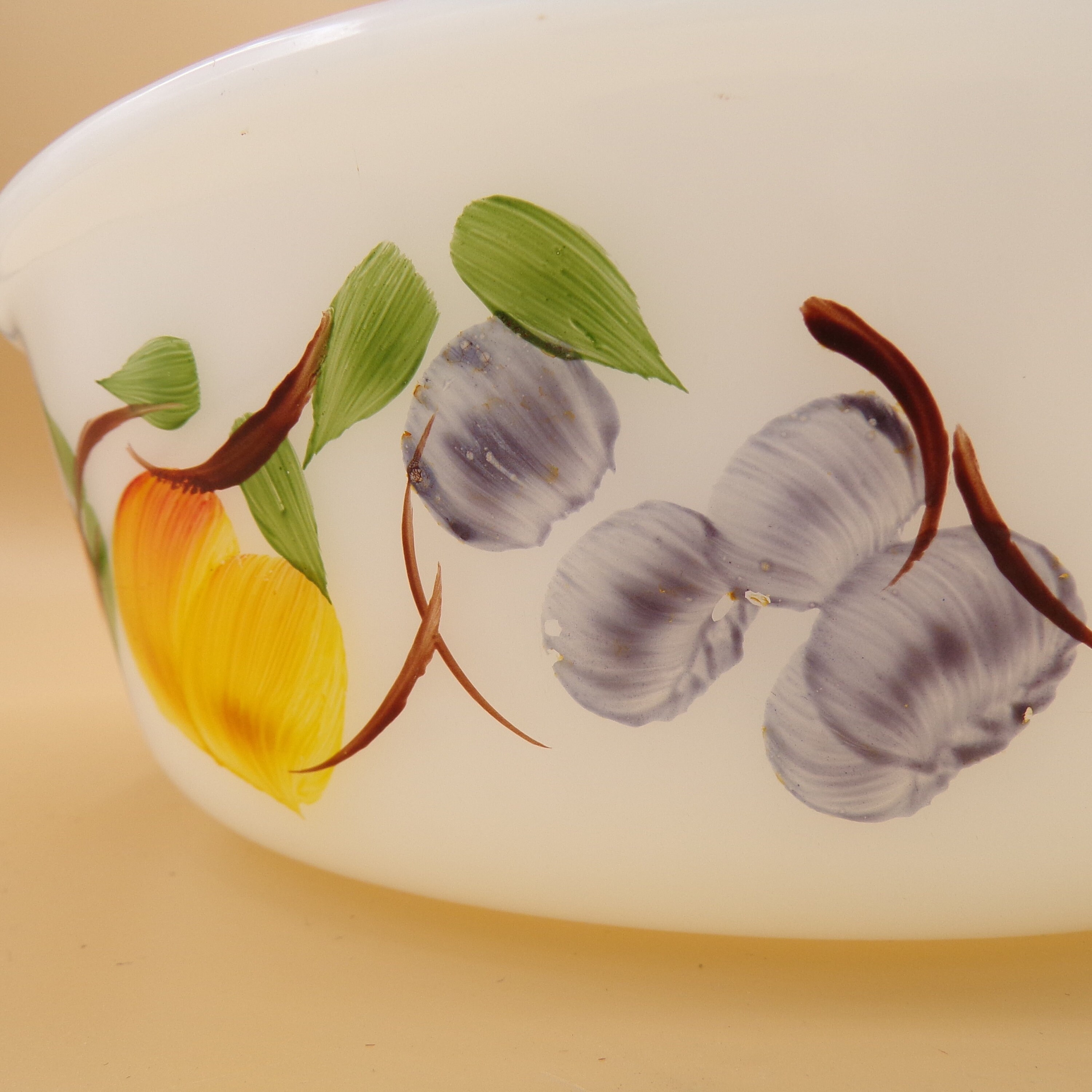 Vintage 1960s Anchor Hocking Fireking Handpainted Fruit/vintage Pattern 1.5 Qt. Casserole Dish