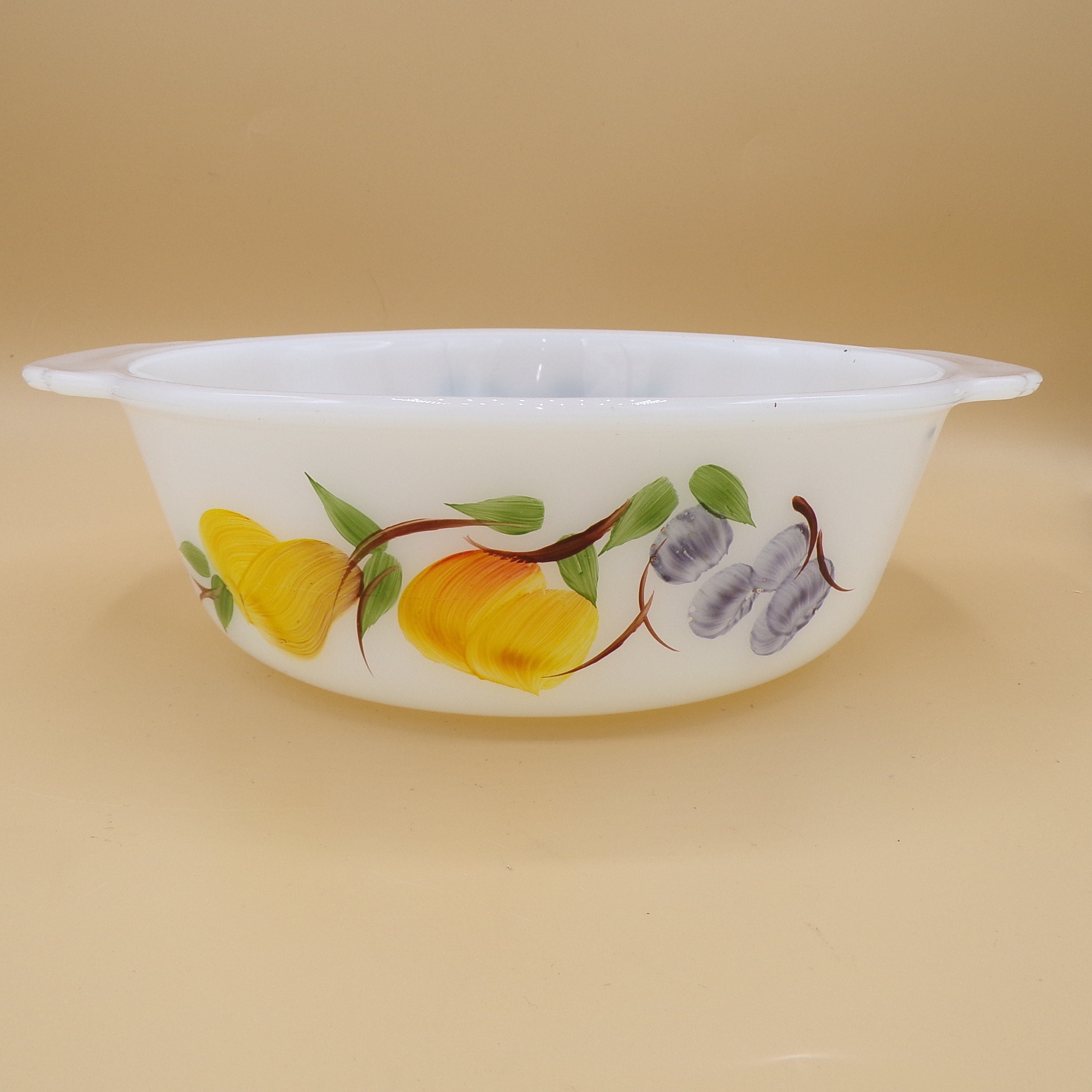 Vintage 1960s Anchor Hocking Fireking Handpainted Fruit/vintage Pattern 1.5 Qt. Casserole Dish