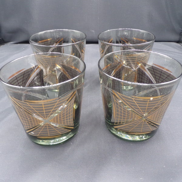 4 1960s Vintage Double Old Fashioned Black and Gold MCM Glasses