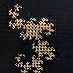 Puede incluir: Una tela negra con un diseño bordado en oro y azul. El diseño es un patrón geométrico con una apariencia fractal.