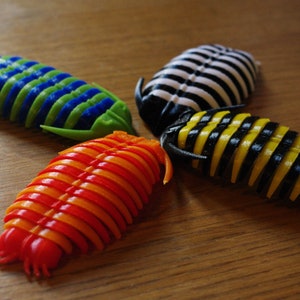 Könnte beinhalten: Vier farbige, segmentierte Spielzeuginsekten, jedes mit einem anderen Streifenmuster. Die Insekten sind grün und blau, schwarz und weiß, gelb und schwarz sowie orange und rot.