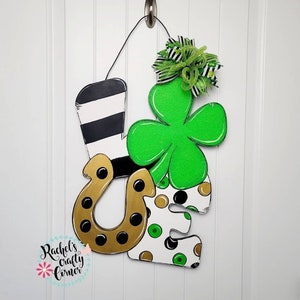 LOVE St. Patrick&#39;s Day Shamrock and Lucky Horseshoe Hand Painted Door Hanger Sign or DIY Blank Cutout