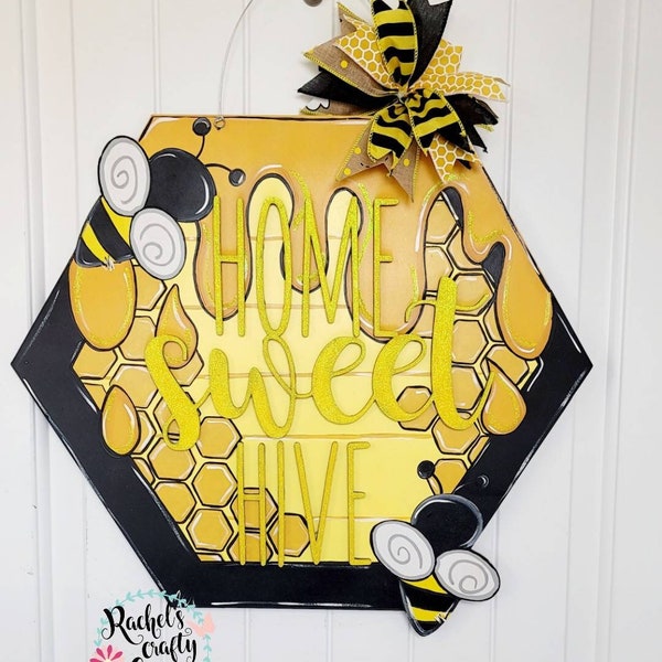 Beehive Home Sweet Hive Honeycomb and Bees, Hand Painted Door Hanger Sign