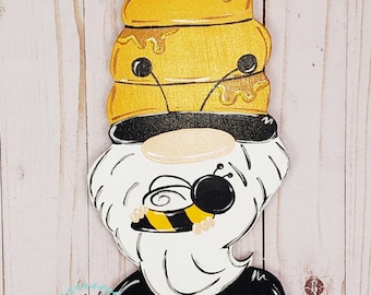 Honey Bee Hive Gnome Hand Painted Door Hanger Sign
