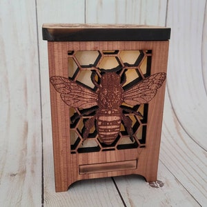 Rustic Wooden Lantern – Bee and Sunflower Engraving – Cedar Wood Decor