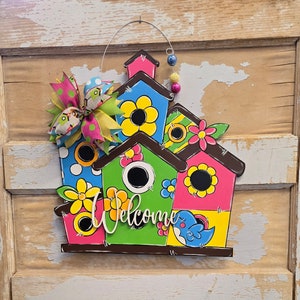Colorful Birdhouse Door Hanger – Bluebird Porch Sign Hand-Painted