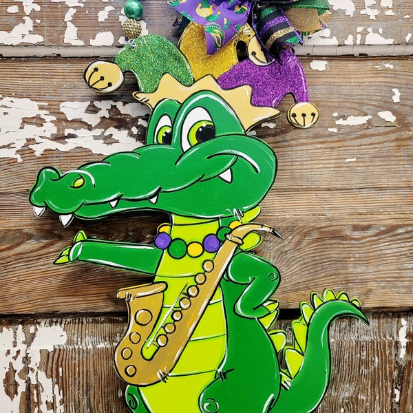 Mardi Gras Gator Party Hand Painted Door Hanger Sign or DIY Blank