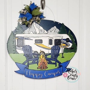 Mountain Camping 5th Wheel Camper, Hand Painted Door Hanger Sign