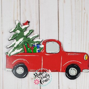 Classic Red Farm Truck with Snowy Tree Door Hanger