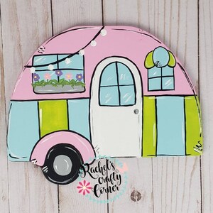 Camper Door Hanger – Pink Blue Green Spring Camper Sign – Retro Trailer Porch Decor