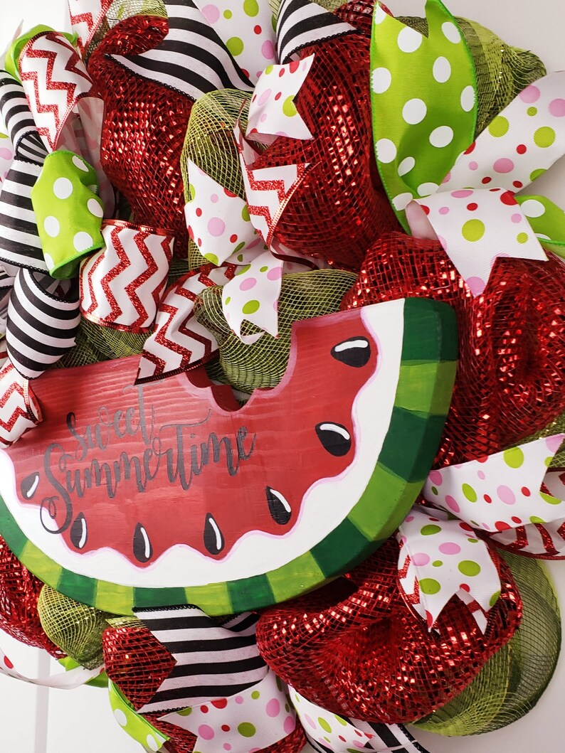 Watermelon Wreath Sweet Summertime poka-dots Summer d\u00e9cor watermelon red Summer Wreath Poof Wreath green Summer door hanger