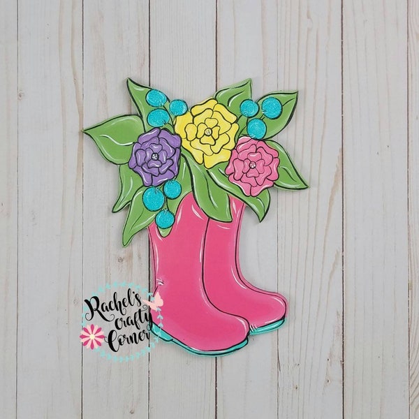 Spring Rain Boots and Wildflower Bouquet, Hand Painted Door Hanger Sign or DIY Blank Cutout