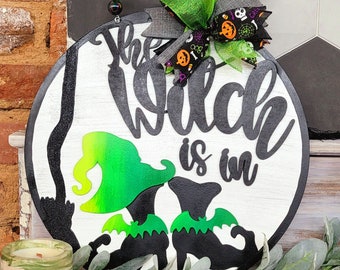 The Witch Is In Bat Witch Round Door Hanger – Halloween Porch Decor