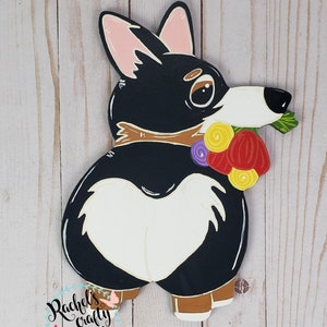 Sweetheart Corgi Dog with Spring Garden Flower Bouquet, Hand Painted Door Hanger Sign or DIY Blank Cutout