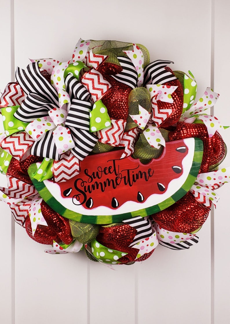 Watermelon Wreath Sweet Summertime poka-dots Summer d\u00e9cor watermelon red Summer Wreath Poof Wreath green Summer door hanger