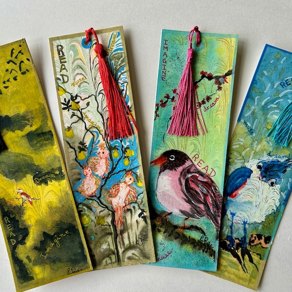 bookmarks, watercolor paintings, handmade, one of a kind, birds, nature, with tassel