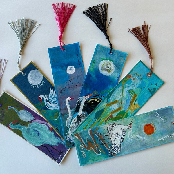 bookmarks, watercolor paintings, nature, birds, cranes, egrets, heron, abstract art, handmade, one of a kind, with affirmations