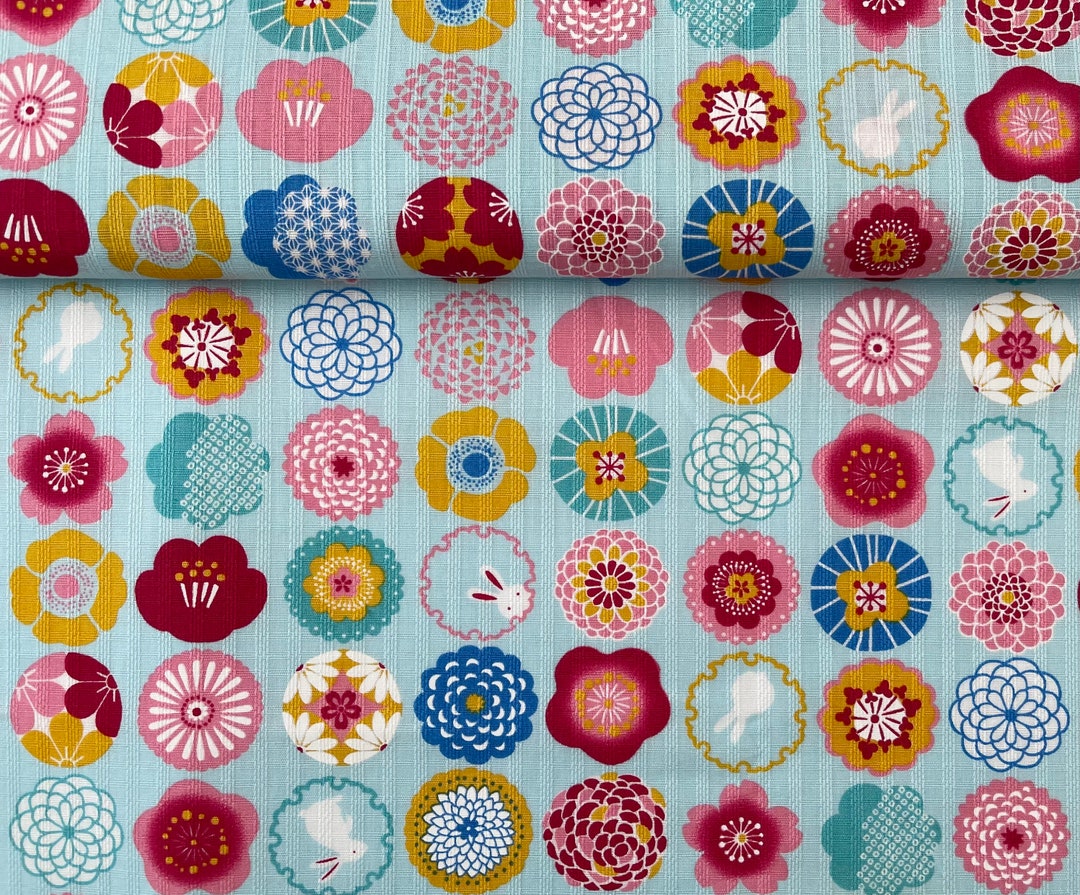 Rabbits With Flowers Fabric, Cute Rabbits Print, Japanese Fabric, Asian ...