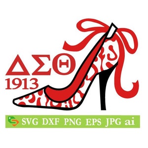May include: Red high heel shoe with a white and red patterned design. The shoe has a bow on the top and the text "&Delta;&Sigma;&Theta; 1913" is in the background.