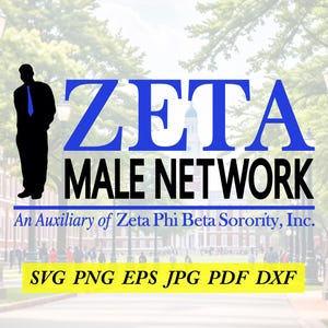 May include: Image features the text "ZETA MALE NETWORK" in blue and black, with a silhouette of a person in a suit and tie. Below, it reads "An Auxiliary of Zeta Phi Beta Sorority, Inc." and file type options.