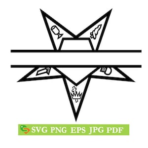 Puede incluir: Diseño de monograma dividido en blanco y negro con una estrella de seis puntas que contiene varios símbolos. La estrella está dividida horizontalmente en dos mitades con un espacio para texto en el medio.