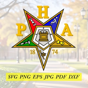 May include: A colorful star-shaped emblem with the letters P, H, and A in gold. The star is outlined in black and yellow, with red, green, and blue segments. The number 18 and 74 are visible. The text "SVG PNG EPS JPG PDF DXF" is at the bottom.
