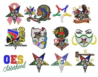 May include: A collection of 10 colourful embroidered patches featuring the letters "OES" and a five-pointed star. The patches are in various colours, including red, blue, green, yellow, and pink. Some patches include the words "Charity, Truth, Loving Kindness" and "Destined to Shine".