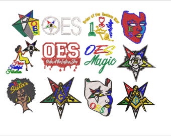 May include: A collection of embroidered patches featuring the Order of the Eastern Star (OES) logo. The patches are in various colours and designs, including a five-pointed star, a face, and a text-based logo. Some patches include the phrase "Order of the Eastern Star" and "OES Magic".