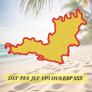 May include: Embroidered patch in the shape of a yellow landmass with a red border. The patch is set against a blurred beach background with the text "DST PES JEF VP3 HUS EXP XXX" in a yellow rectangle at the bottom.