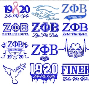 May include: A collection of blue and white embroidery designs featuring the letters "ZOB" and the words "Zeta Phi Beta" and "1920". Some designs include a dove, a heart, and a hand.