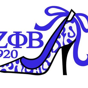 May include: A blue and white high-heeled shoe design with the letters "Z&Phi;B" and the number "1920" in blue. The shoe has a black heel and a blue ribbon.