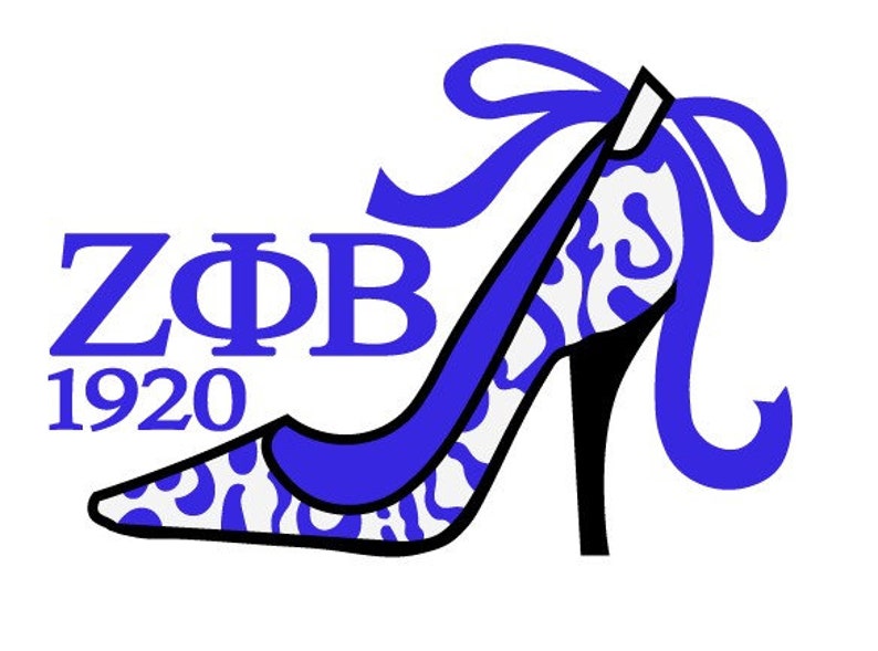 May include: A blue and white high-heeled shoe design with the letters "Z&Phi;B" and the number "1920" in blue. The shoe has a black heel and a blue ribbon.