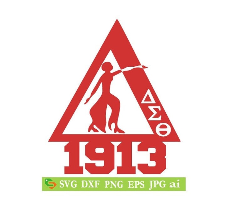 Puede incluir: Tri&aacute;ngulo rojo con una silueta blanca de una mujer sosteniendo una antorcha en su interior. Las letras "&Delta;&Sigma;&Theta;" est&aacute;n en el lado derecho del tri&aacute;ngulo. El a&ntilde;o "1913" est&aacute; escrito debajo del tri&aacute;ngulo.