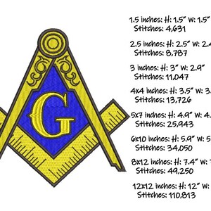 May include: Embroidered Masonic symbol in gold and blue, featuring a compass and square with the letter "G" in the center. Sizes range from 3.8 cm to 30.5 cm, with stitch counts provided. Suitable for crafting or clothing.