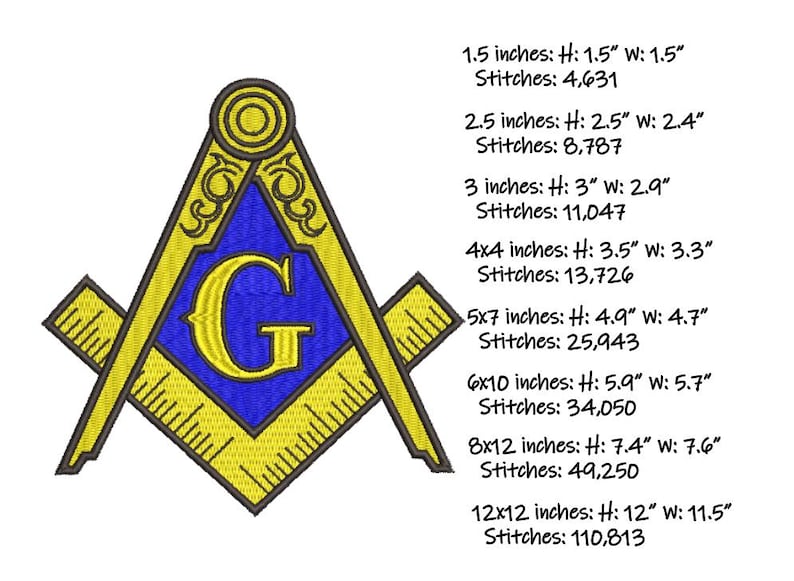 May include: Embroidered Masonic symbol in gold and blue, featuring a compass and square with the letter "G" in the center. Sizes range from 3.8 cm to 30.5 cm, with stitch counts provided. Suitable for crafting or clothing.