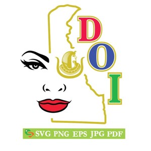 May include: A gold outline of a state with a woman's face inside. The letters DOI are on the right side of the image. The letters are red, blue, and green. The woman's face is black and white with red lips. There is a gold symbol with a pharaoh inside the outline of the state.