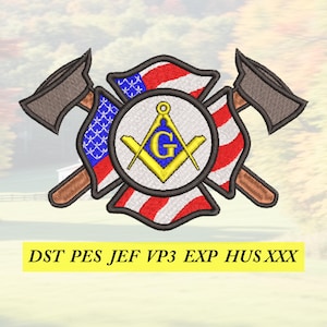 May include: An embroidered patch featuring a central Masonic square and compass symbol with a letter G, overlaid on a background of two crossed axes and a stylized American flag. Below the emblem, yellow text reads: DST PES JEF VP3 EXP HUS XXX.