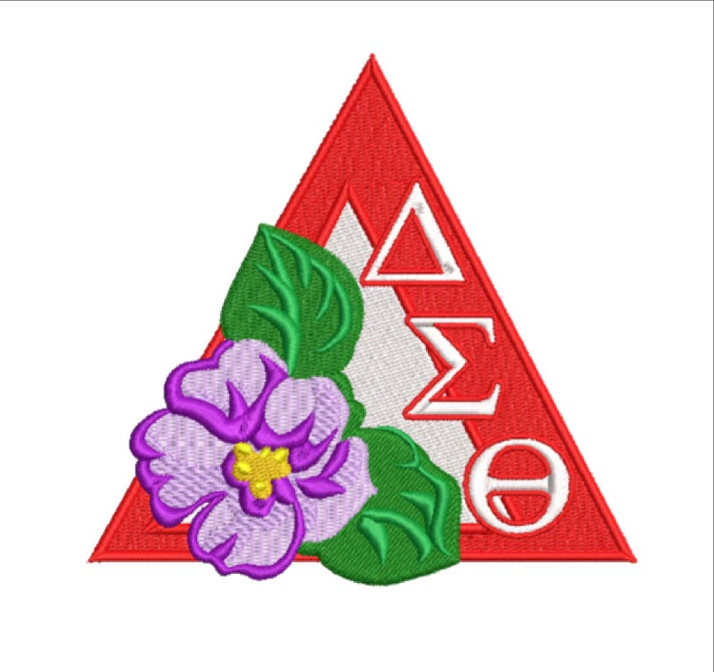 May include: A red triangle with white letters that spell "&Delta;&Sigma;&Theta;" and a white triangle inside. A purple flower with green leaves is in the bottom left corner of the triangle.