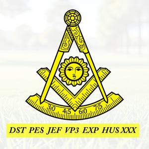 Puede incluir: Un símbolo masónico amarillo con compás y escuadra, con un sol en el centro. El símbolo tiene adornos decorativos y una regla curva con números. El texto "DST PES JEF VP3 EXP HUS XXX" se encuentra en la parte inferior.