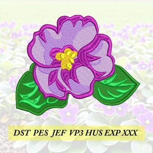 May include: Embroidered flower design featuring a large purple flower with a yellow center and green leaves. The flower has detailed stitching and a textured appearance. The text "DST PES JEF VP3 HUS EXP XXX" is displayed below the flower.