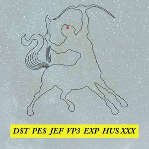 Könnte beinhalten: Eine schwarze Strichzeichnung eines Bogenschützen-Zentauren mit Pfeil und Bogen, vor einem glitzernden, hellgrauen Hintergrund. Der Zentaur zielt nach oben. Der Text "DST PES JEF VP3 EXP HUS XXX" befindet sich in einem gelben Rechteck unten.