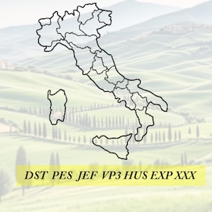 May include: A black outline of Italy and its islands, showing internal regions. The background is a blurred landscape of green hills and a light sky. Text at the bottom reads "DST PES JEF VP3 HUS EXP XXX".