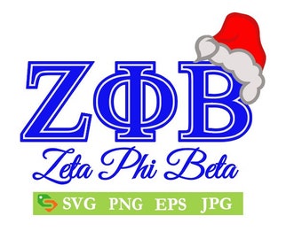 May include: A blue and white graphic design of the letters "Z". "Phi" and "B" with the words "Zeta Phi Beta" written in cursive below. A red and white Santa hat is on top of the "B".