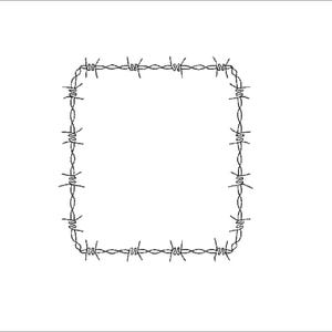 May include: A square frame made of barbed wire, depicted in a minimalist style against a white background. The barbed wire is a dark gray color, with sharp barbs extending outwards. The design is simple and graphic.